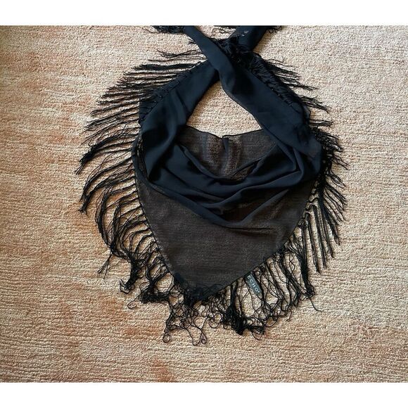 Echo Black Sheer Triangle Scarf Shawl Fringe Trim 100% Polyester Made in India - Picture 1 of 4
